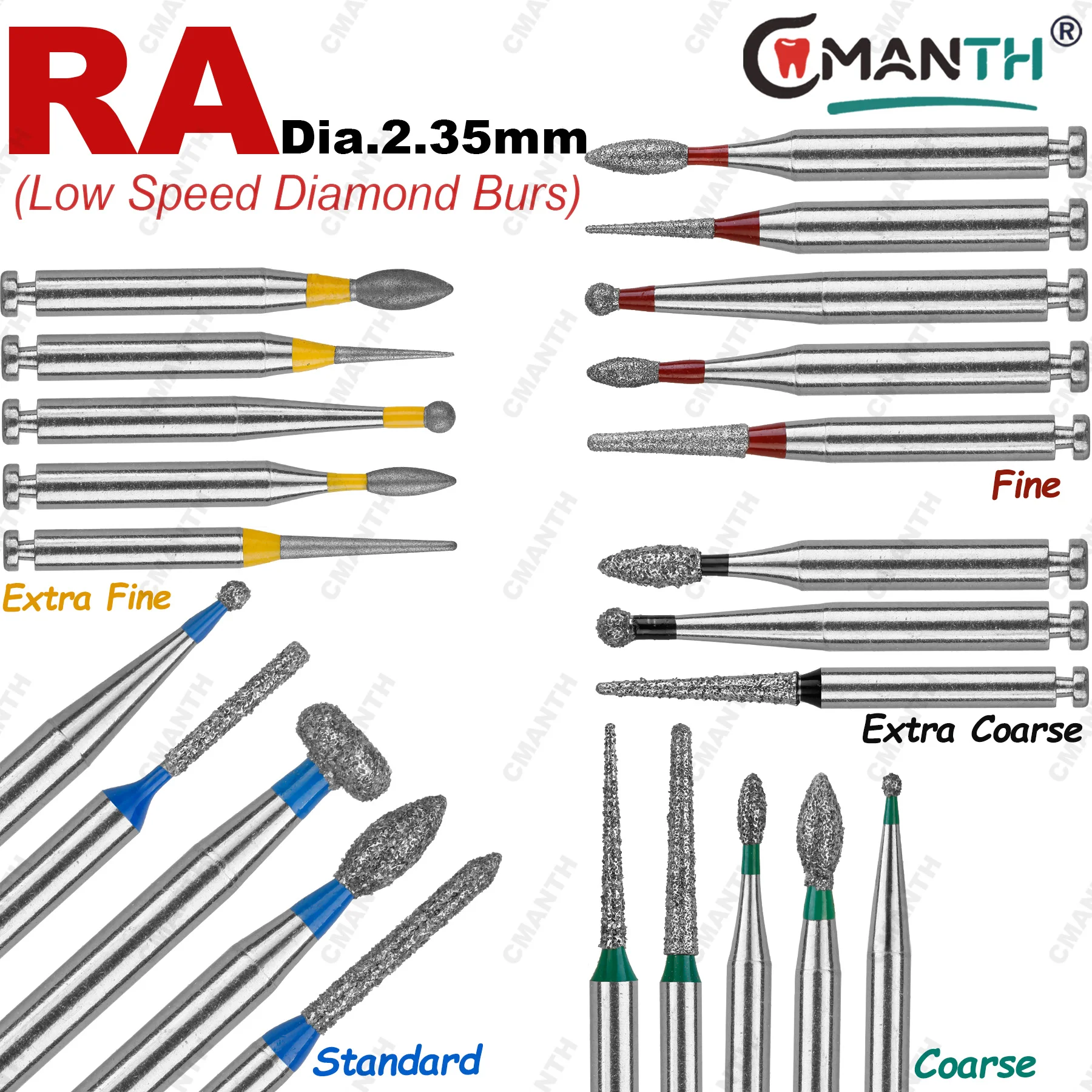 Dental Diamond Burs RA Type Taper/Round/Extra Fine/Standard Low Speed Burs Dia.2.35mm For Low Speed Contra Angle Handpiece
