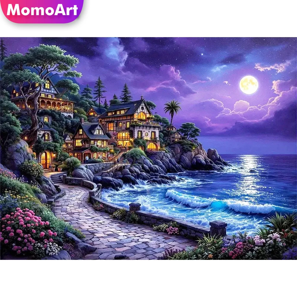 Momoart 5D-Diamantgemälde zum Selbermachen, Haus, Meer, Landschaft, geeignet für Anfänger, Diamant-Stickerei, Mondmosaik, handgefertigt, Hobby