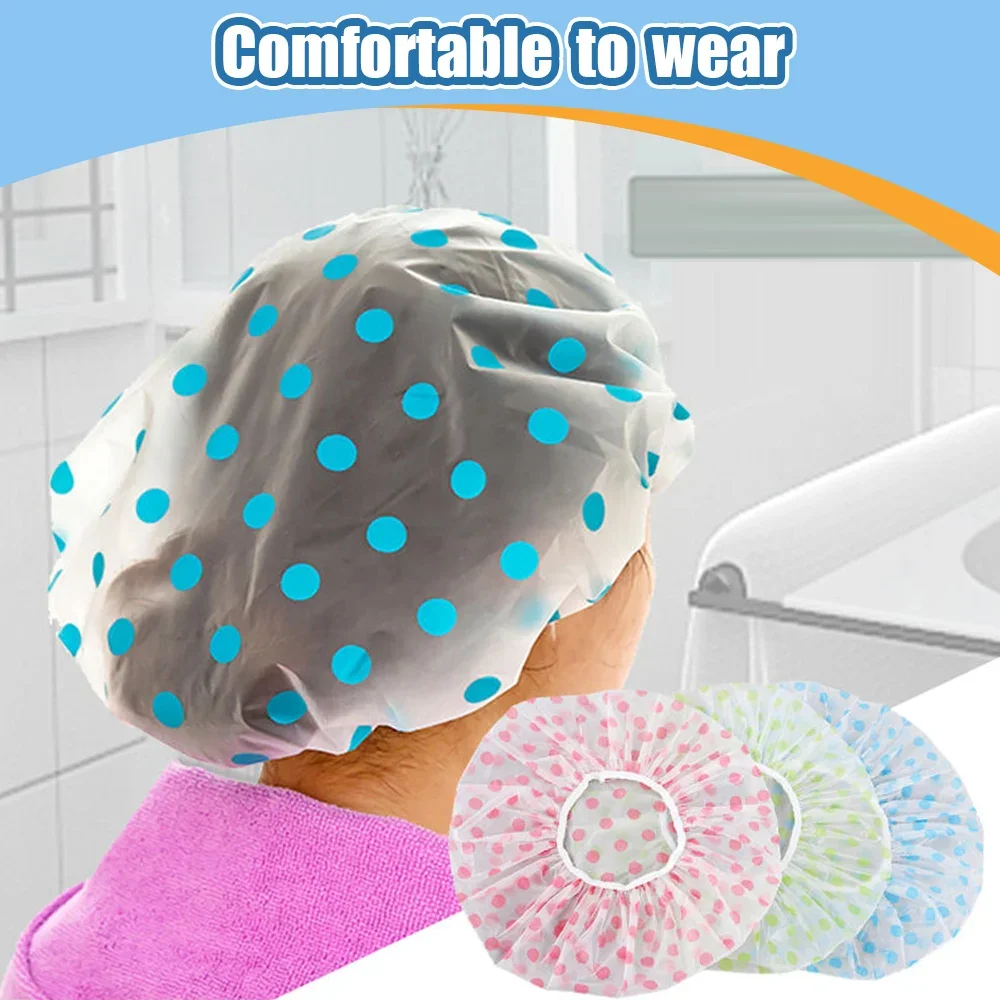 ASHOWNER Waterproof Shower Cap Wide Elastic Band Cover Reusable Bashroom Cap Fashion Wave Point Shower Cap Bathroom supplies