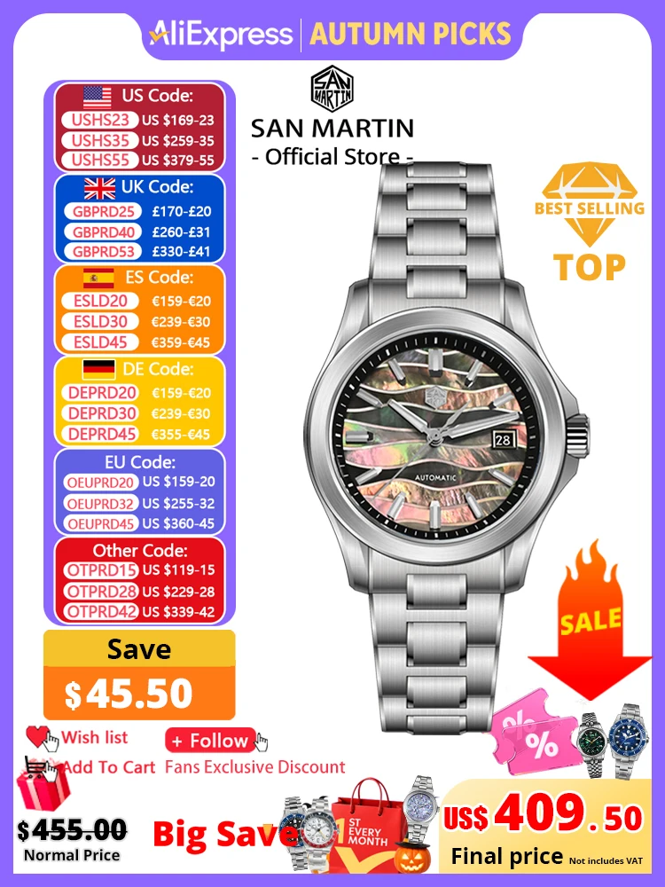 San Martin Official New 39mm Gradient Color Splicing MOP Dial Miyota 9015 Men Automatic Mechanical Watch Waterproof 100m SN0150