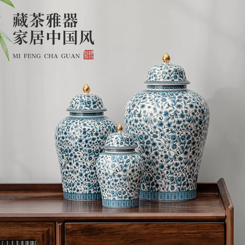 

X-23 blue and white tea can ceramic oversized household boutique high-grade moisture-proof sealed waking tea can universal can