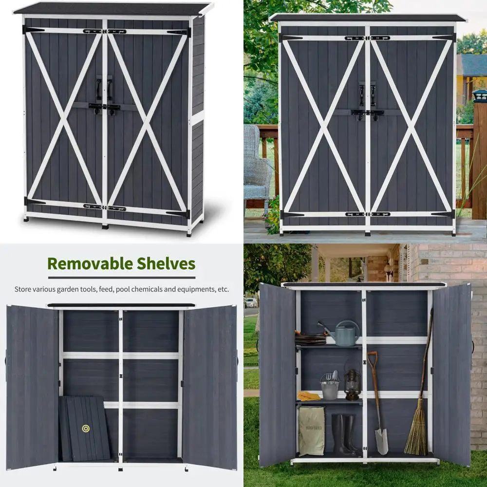 

Деревянный шкаф для хранения на открытом воздухе с напольными и запираемыми дверями для инструментов и садового оборудования на заднем дворе