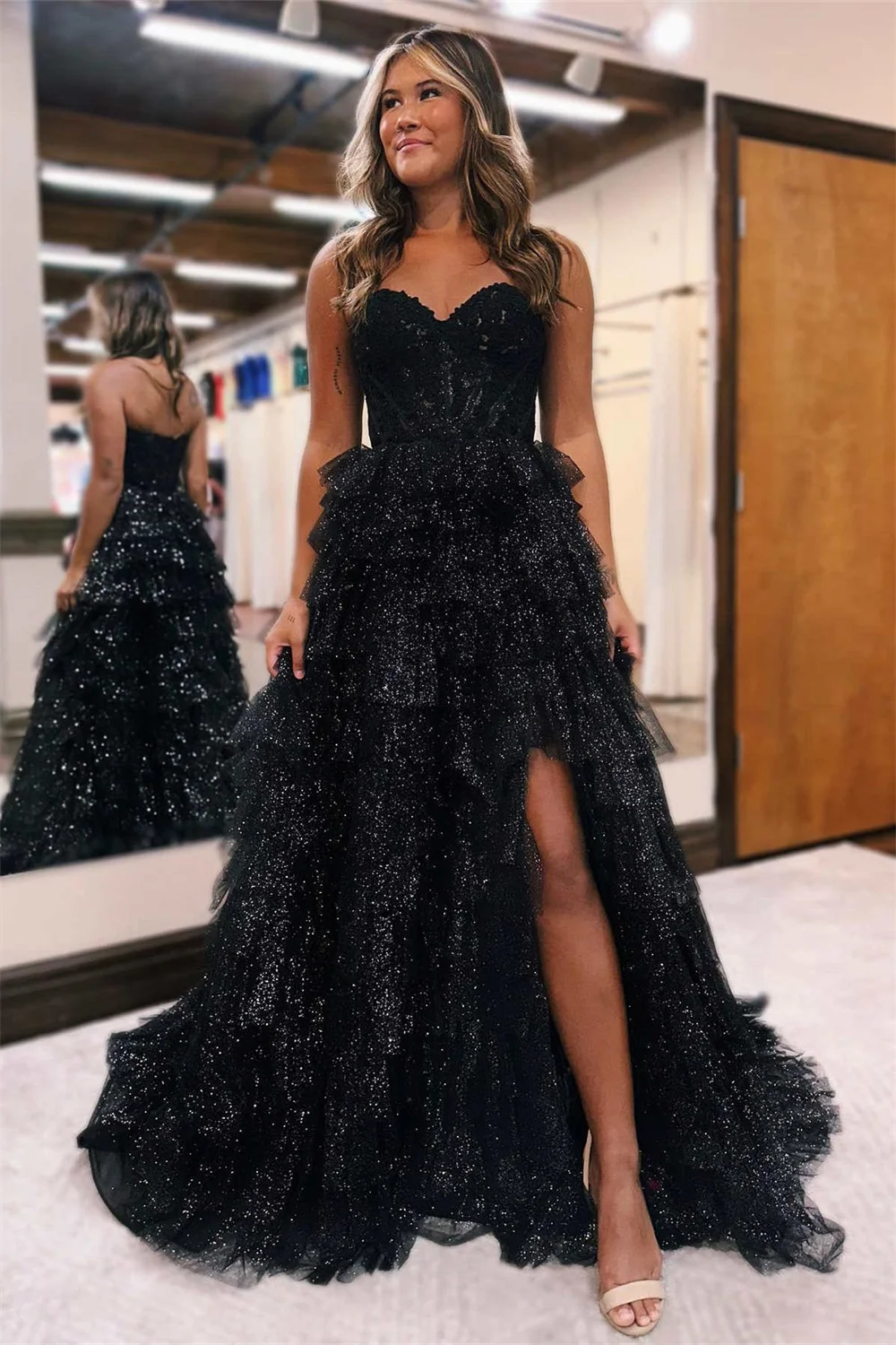 Jessica Off the Shoulder Black Prom Dresses Luxury Glitter Tulle Evening Dresses Wedding Dress Formal Party Dresses فساتين سهرة