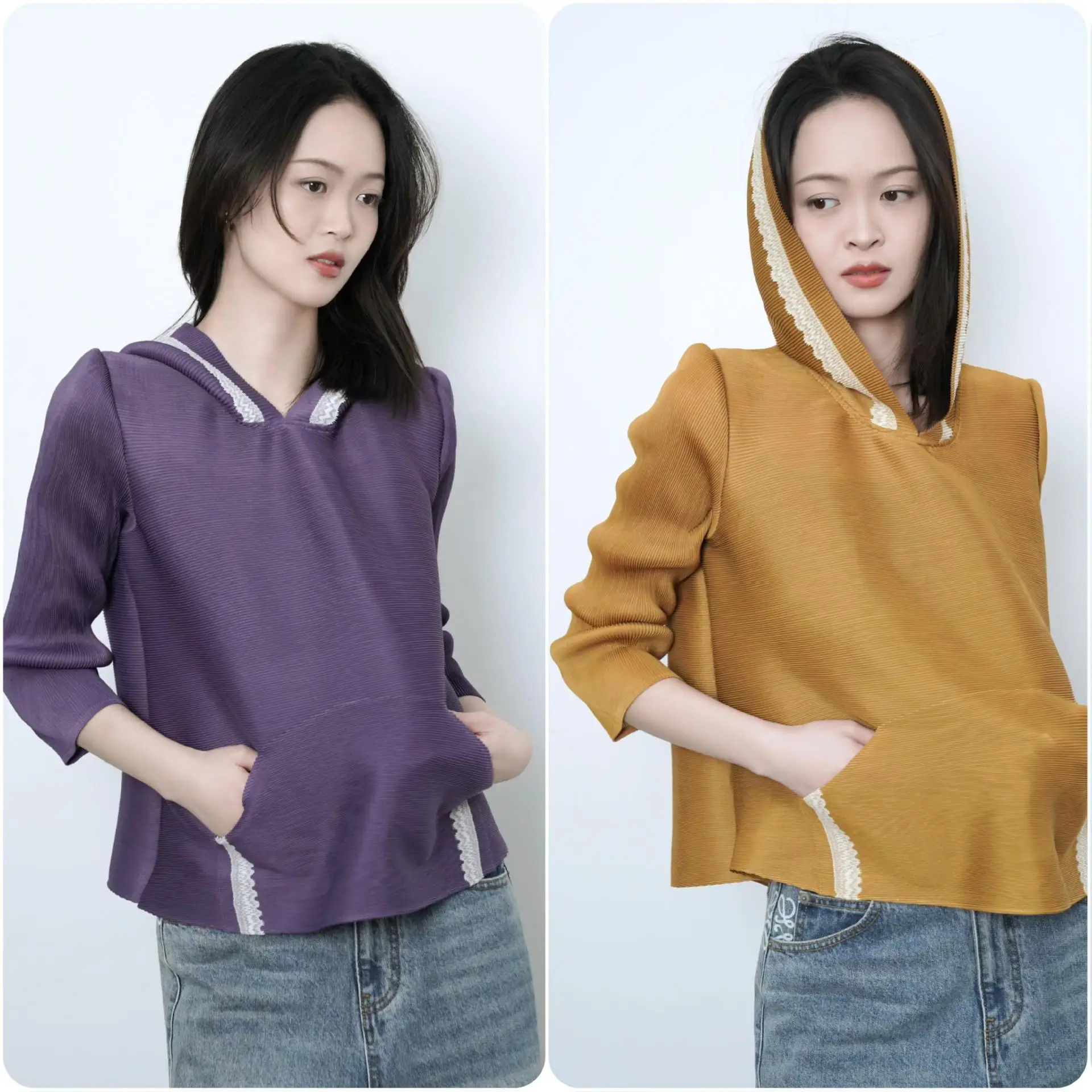 

Плиссированная футболка Miyake 2026: Новая летняя модель большого размера, повседневная, с рукавом 3/4, свободный крой, женский пуловер