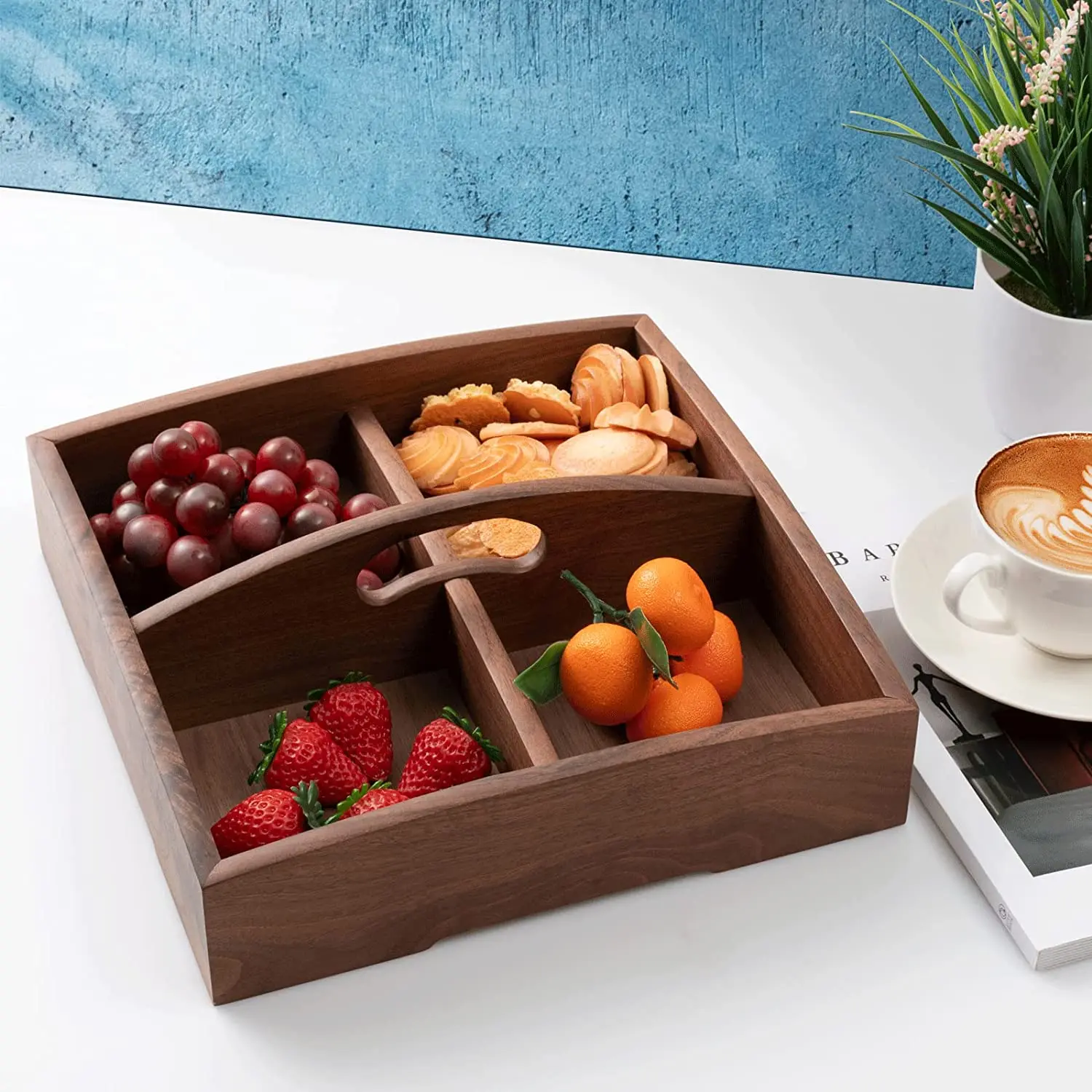 Walnut Wood Tray with Handle,Square Wooden Divided Serving Trays 4 Compartments,Nut Candy Snack Storage Organizer Tray,27x27x8cm