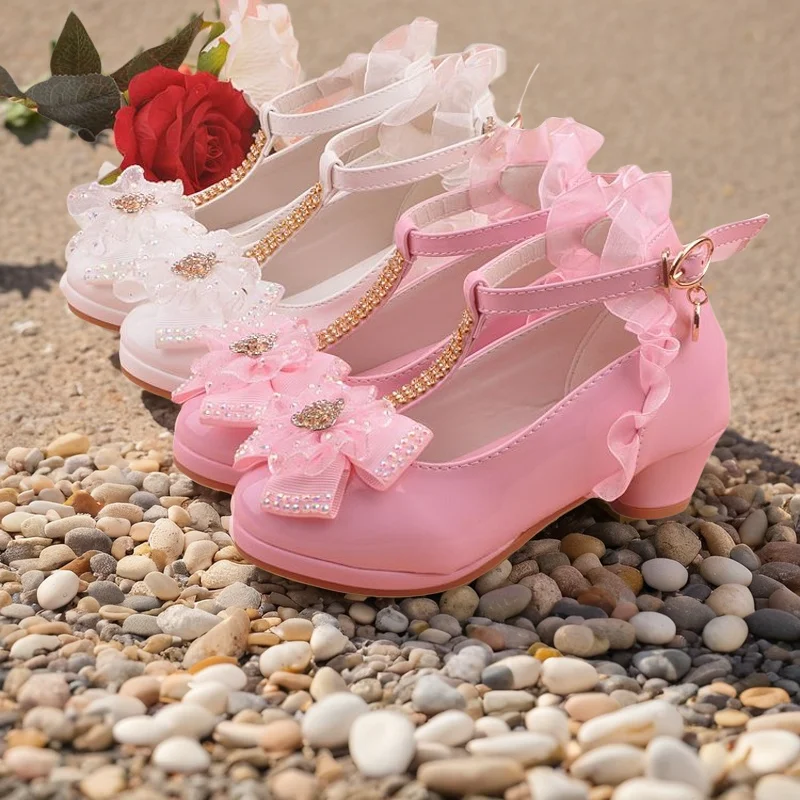 ULKNN Mädchen Sandalen High Heel rosa Leder Schnalle Riemen Kinder Bowtie weiße Schuhe Größe 26-37 weiche Kinderschuhe Enfant