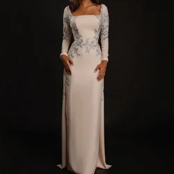 Elegant Satin Floor-Length Line Neck Beautifully Printed Long Sleeve Backless Evening Dress Cocktail Dress