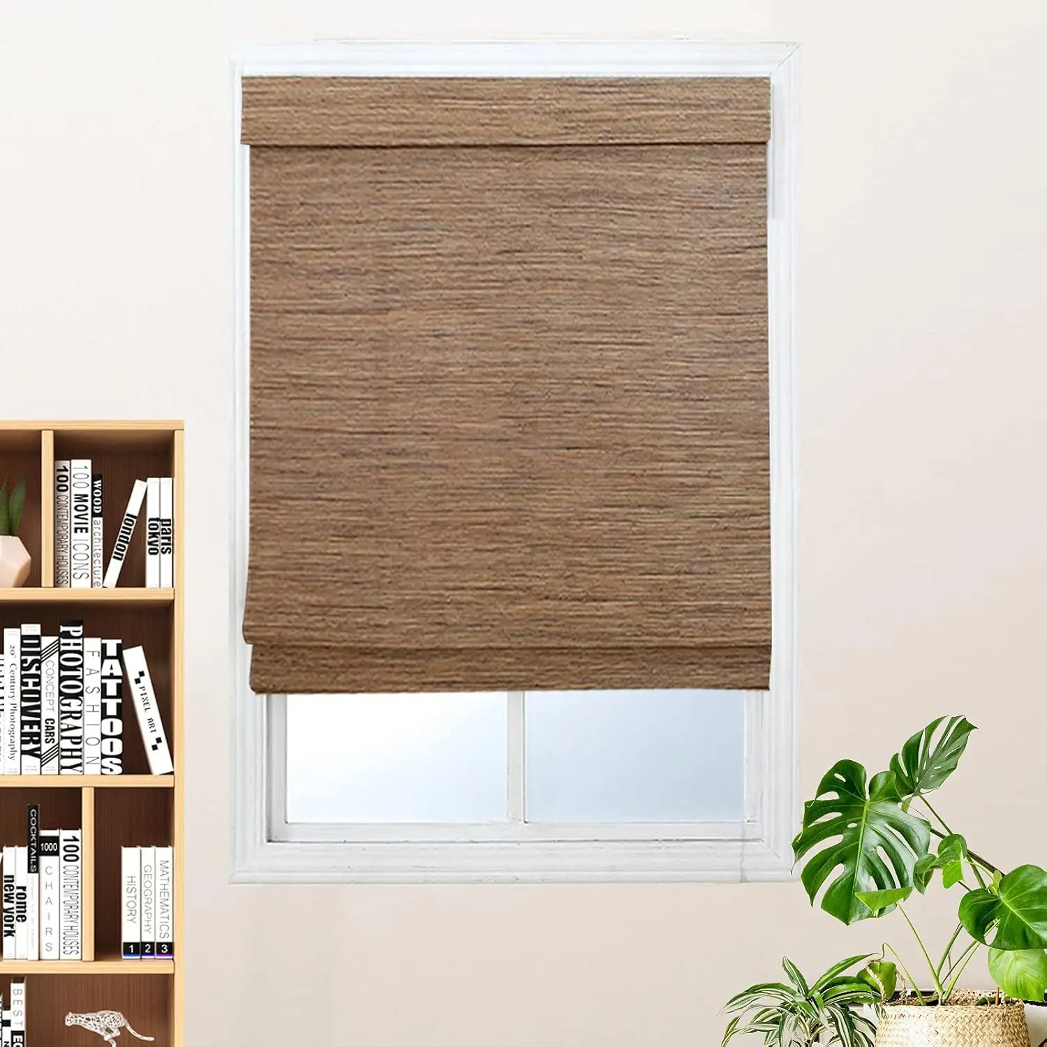 Cordless Blackout Bamboo Roman Blinds Roll-Up Natural Woven Shades with 6