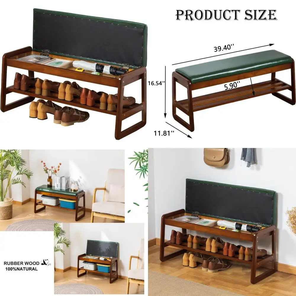 

Green Latifolia Solid Wood Entryway Shoe Bench with Cushion and Flip-Open Storage, 2-Tier Organizer, 39.70