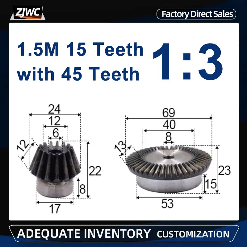 

1 Set 1:3 Bevel Gear 1.5 Modulus 15Teeth + 45Teeth 90 Degree Drive Commutation Steel Gears Steel Gears