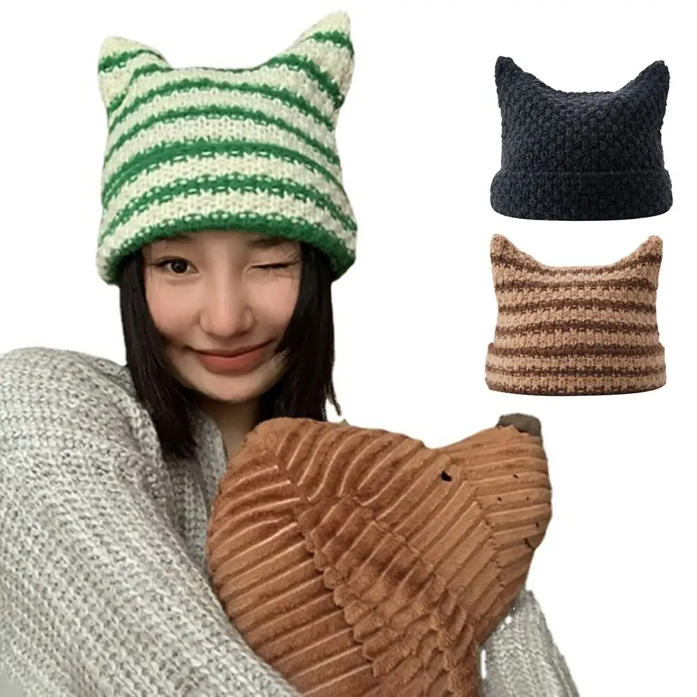 Casual Cap Pointed Pullover Cute Cat Ears Women's Hats Japanese Beanie Hat Ins Little Devil Striped Knitted Wool Cap