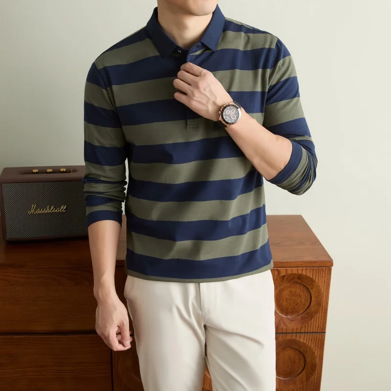 Men's Contrast Striped Lapel Long Sleeve Polo Shirt Business Casual Daily Soft Top