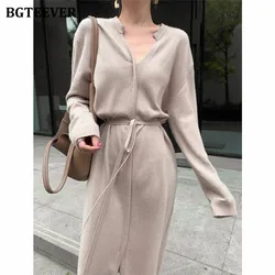 BGTEEVER Stylish Loose V-neck Women Knitted Dress Autumn Winter Elegant Long Sleeve Lace-up Female Sweater Dress vestidos