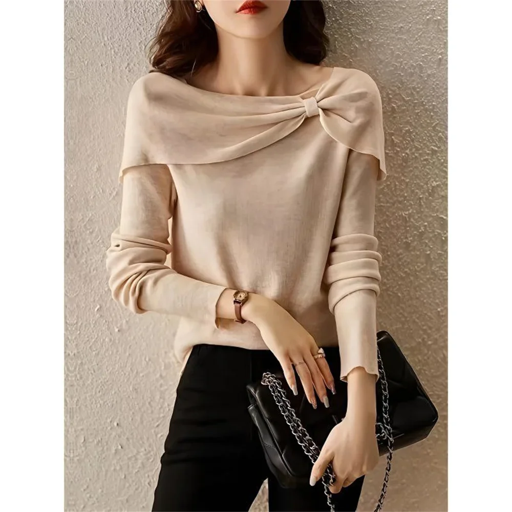 

Women's Tops Off-shoulder Sunshine Slimming Base Layer Shirt Casual Bow Sweet Pullover Shirts