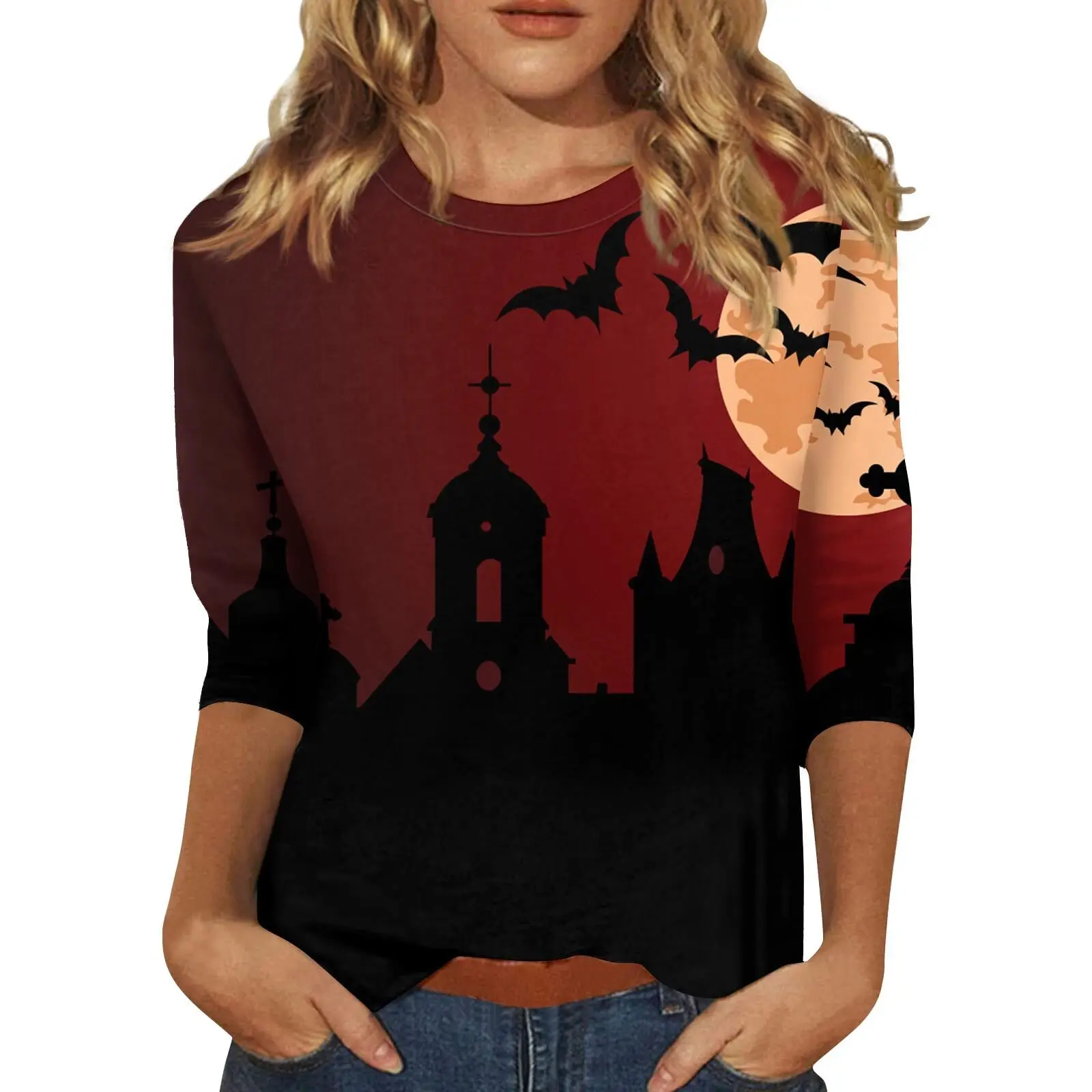 2024 Amazon Hot Selling Round Neck Seven Quarter Sleeve Women's Halloween Element Pattern Summer Top WholesaleWA21