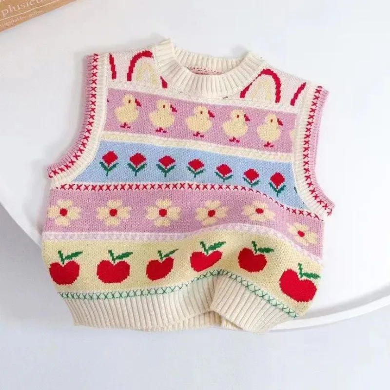 Cute Baby Girls Knitted Vest Spring Autumn Cartoon Striped Sleeveless Pullover Sweaters Kids Girl Waistcoat Children Clothes1-6Y