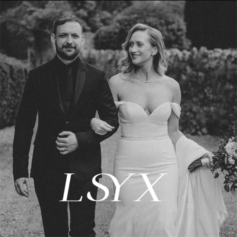 LSYX Off-Shoulder V-Neck Simple Button Mermaid Wedding Dress For Women Elegant Zipper Back Floor Length Bridal Gown Custom Made