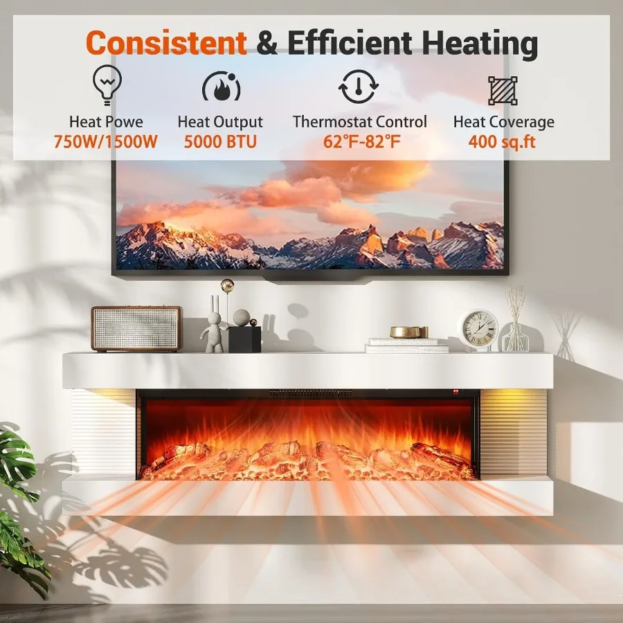 50inch Floating WallMounted Fireplace Mantel with 36inch 3Sided Design 1500W Heating Function LED Ambient Lighting Remote Contr