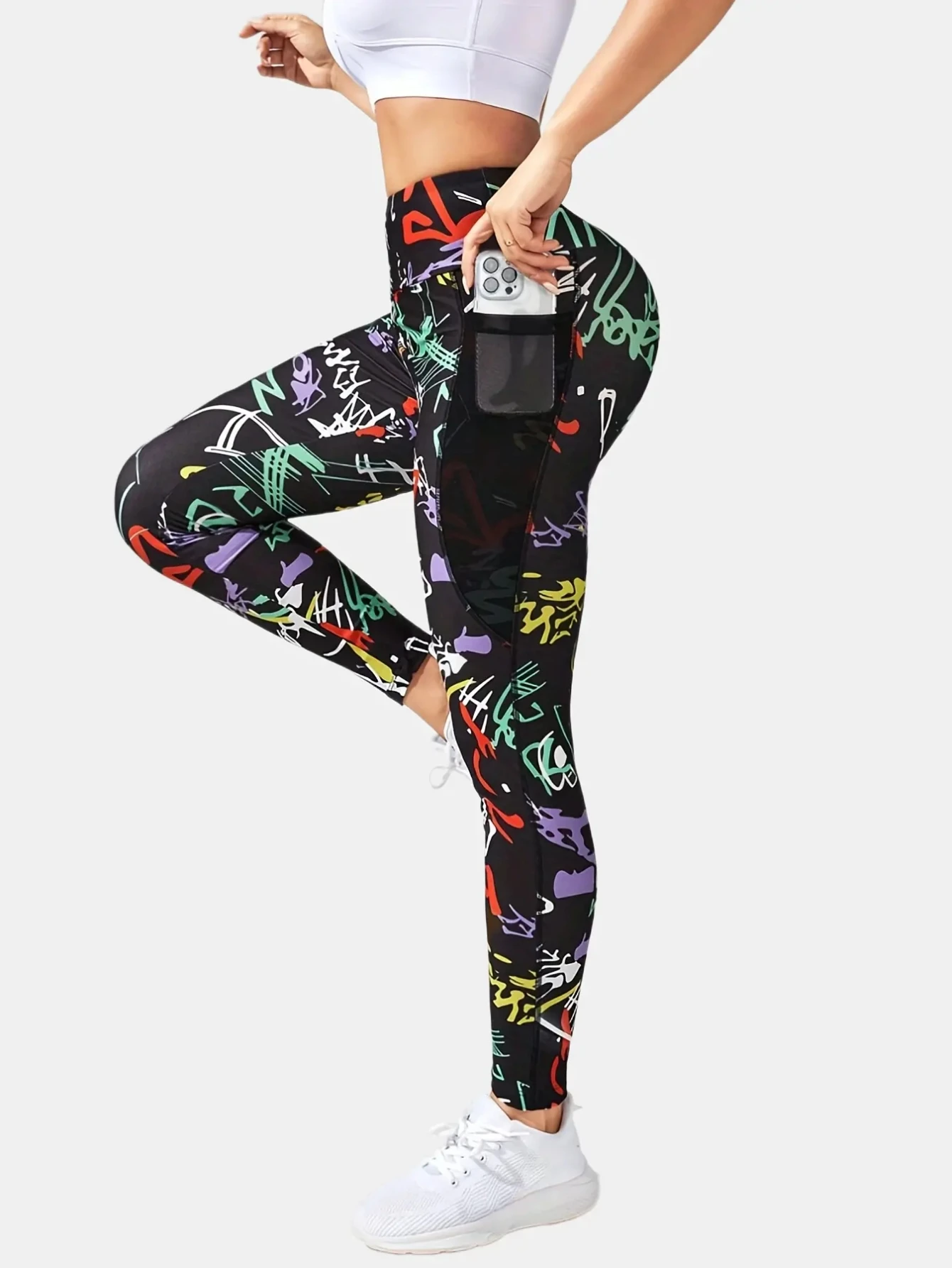 Yoga Trendy Graffiti Print Wideband Waist Sports Leggings With Phone Pocket