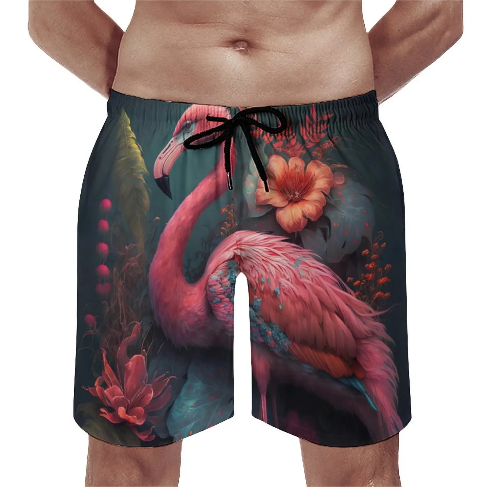 Summer Gym Shorts Flamingo Modern Art Surfing Red Flower Printed Beach Short Pants Vintage Quick Drying Beach Trunks Plus Size