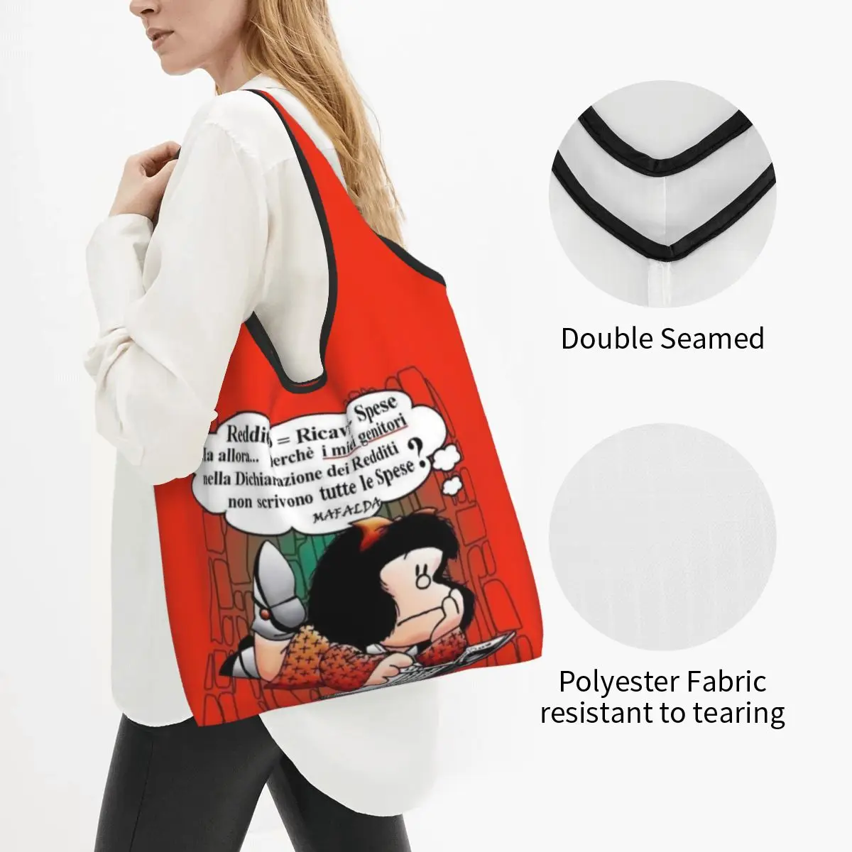 Custom Reusable Quino Comic Cartoon Mafalda Shopping Bag Women Tote Bag Portable Groceries Shopper Bags