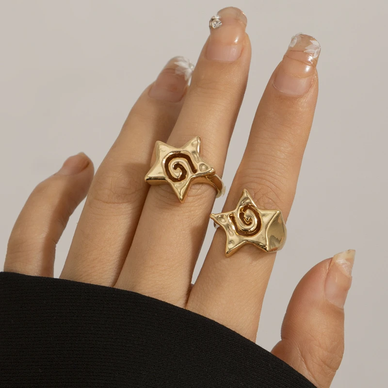 Ingemark 2Pcs/Set Vintage Punk Irregular Hollow Star Metal Open Rings for Women Gothic Adjustable Couple Rings Y2K Wed Jewelry