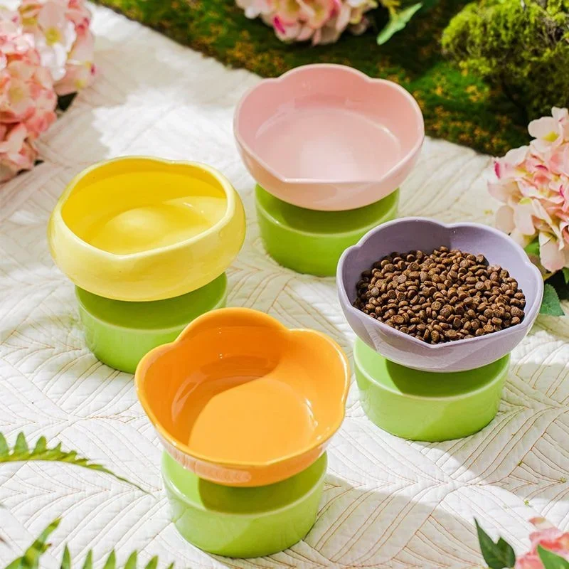 Cute Flower Shape Ceramic Cat Bowl Non-slip New High Foot Dogs Puppy Feeder Feeding Food Water Elevated Raised Dish Pet Supplies