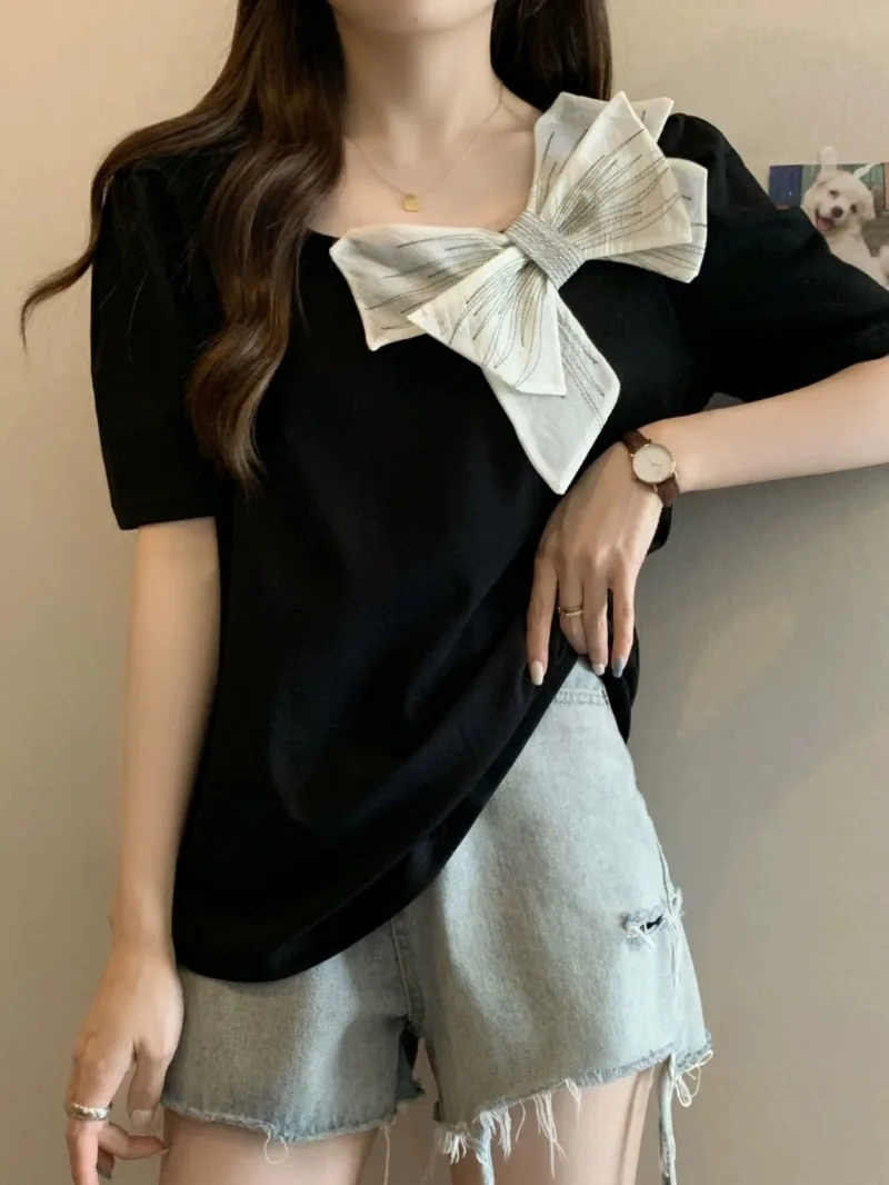 Nice Femme Summer Korean Fashion Bow Solid Color O-neck Short Sleeve Women Clothes Simplicity All-match Young Style Temperament
