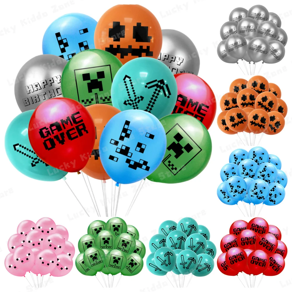 12/24pcs Miner Crafting 12 Inch Pixel Game Latex Balloons Set For Kids Baby Shower Boys Birthday Party Decorations Supplies Toys