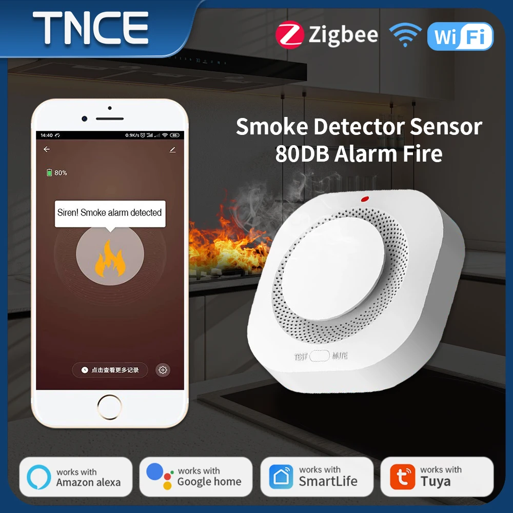 TNCE Tuya Smoke alarm Detector WIFI zigbee, Fire Smoke Detection with 80dB Sound Alarm sensor, smart life app, Alexa Google Home