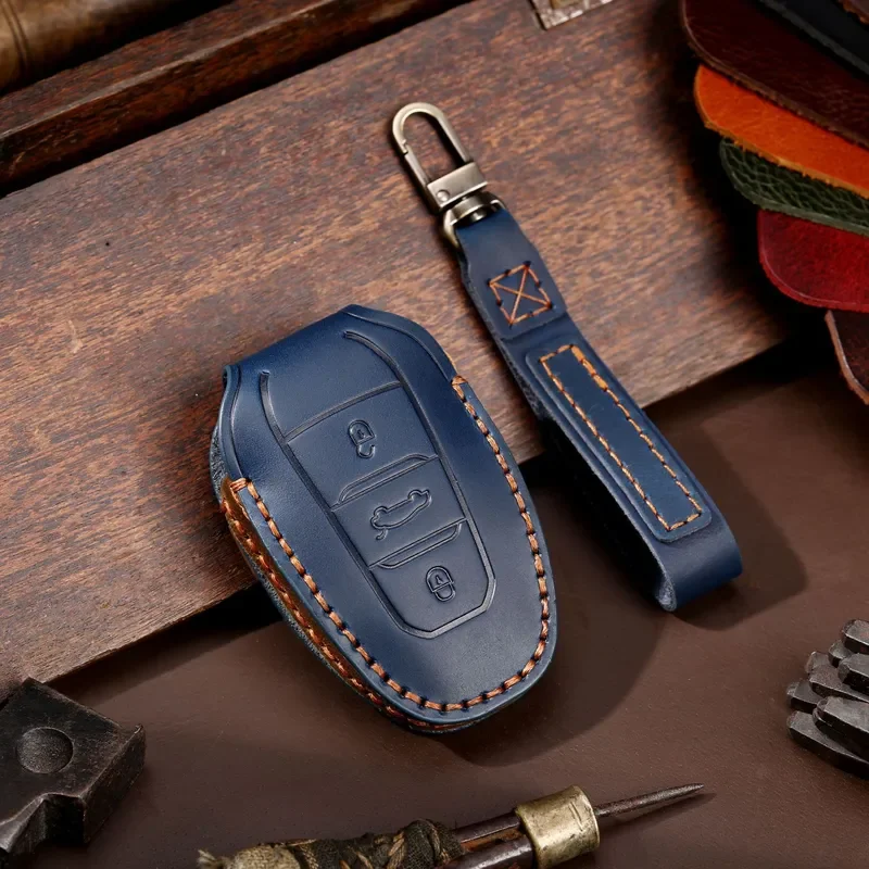 for Peugeot Dongfeng Citroen Crazy Horse Leather Key Case Pure Handmade Car Key Cover Bag New