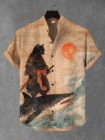 Vintage Men's Black Cat Warrior And Shark Art Print Casual Shirt Summer Stand Collar Single Breast Harajuku 2025 Blouse Tunics
