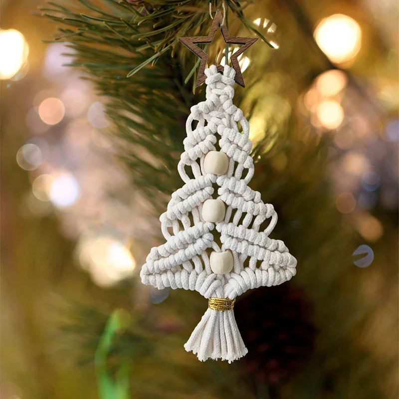 Macrame Christmas Tree Ornaments Mini Macrame Wall Boho Christmas Ornaments Handmade Cotton Woven Decor Christmas Supplies