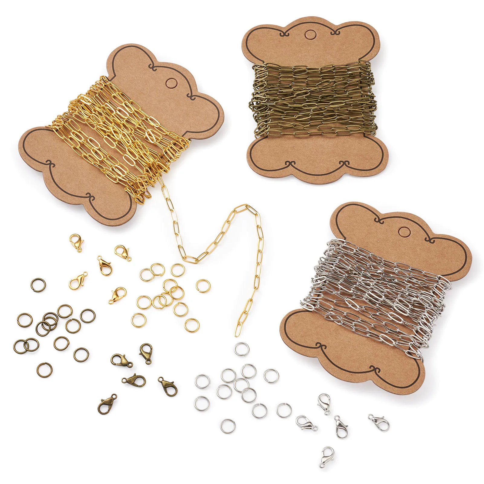 3m/color Brass Paperclip Chains Jump Rings Zinc Alloy Lobster Claw Clasps Jewelry Finding Kit for DIY Jewelry Making