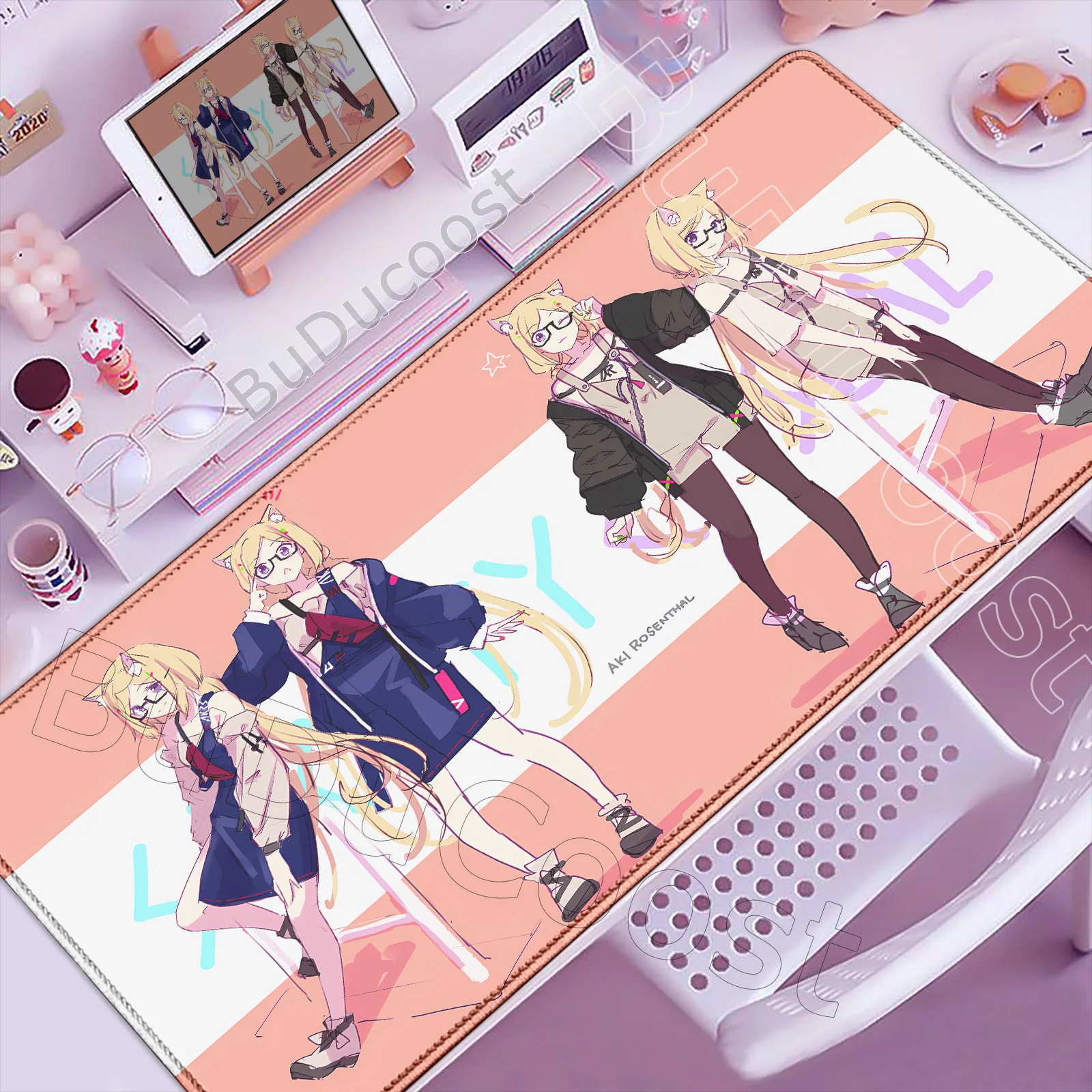 

Hololive Girls Aki Rosenthal Mouse Pad 900x400 Kawaii Anime Girl Desk Mat Rubber Computer Office Non-slip Mousepad Keyboard Cute