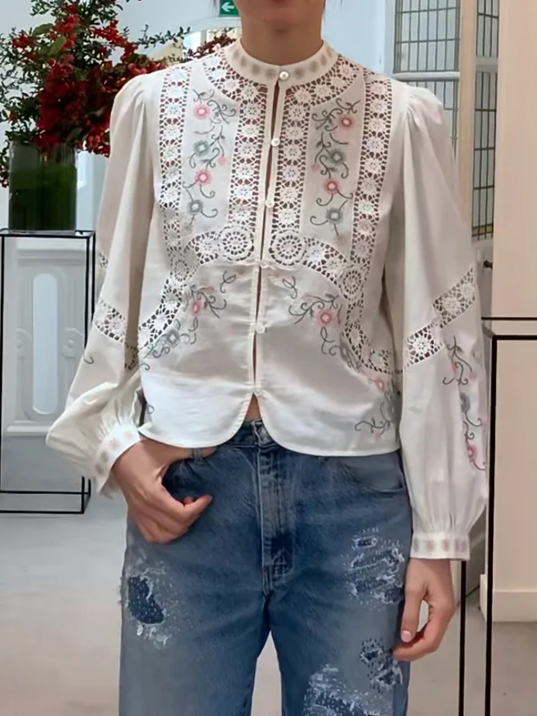 

Рубашка из хлопка и льна с тяжелой вышивкой, длинными рукавами, воротником-стойкой, в корейском стиле, свободного кроя, на пуговицах, с цветочным узором, весенняя мода