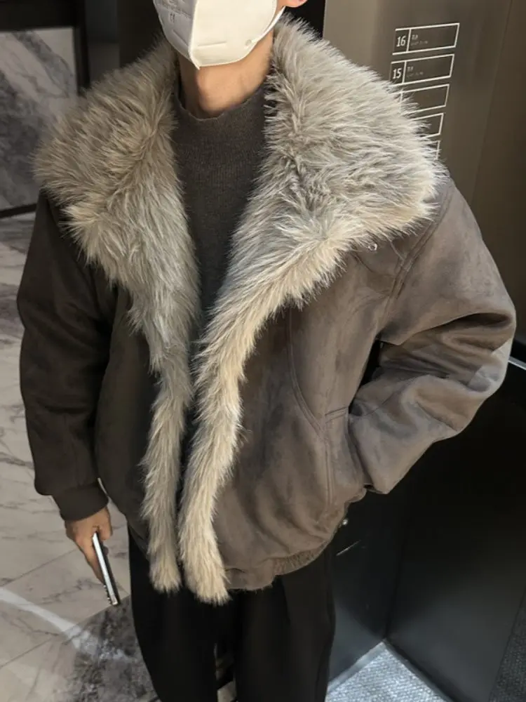 

Men's Lamb Fur Jaet Thiened Winter Coat Warm Polyester Inner Material Casual Sle Zipper Closure Long Sve Coat