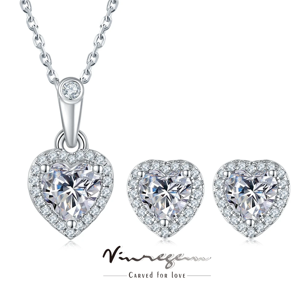 

Vinregem 100% 925 Sterling Silver 3EX VVS1 D Color Heart Cut 6.5 MM Moissanite Pass Test Diamond Necklaces/Earrings Jewelry Sets