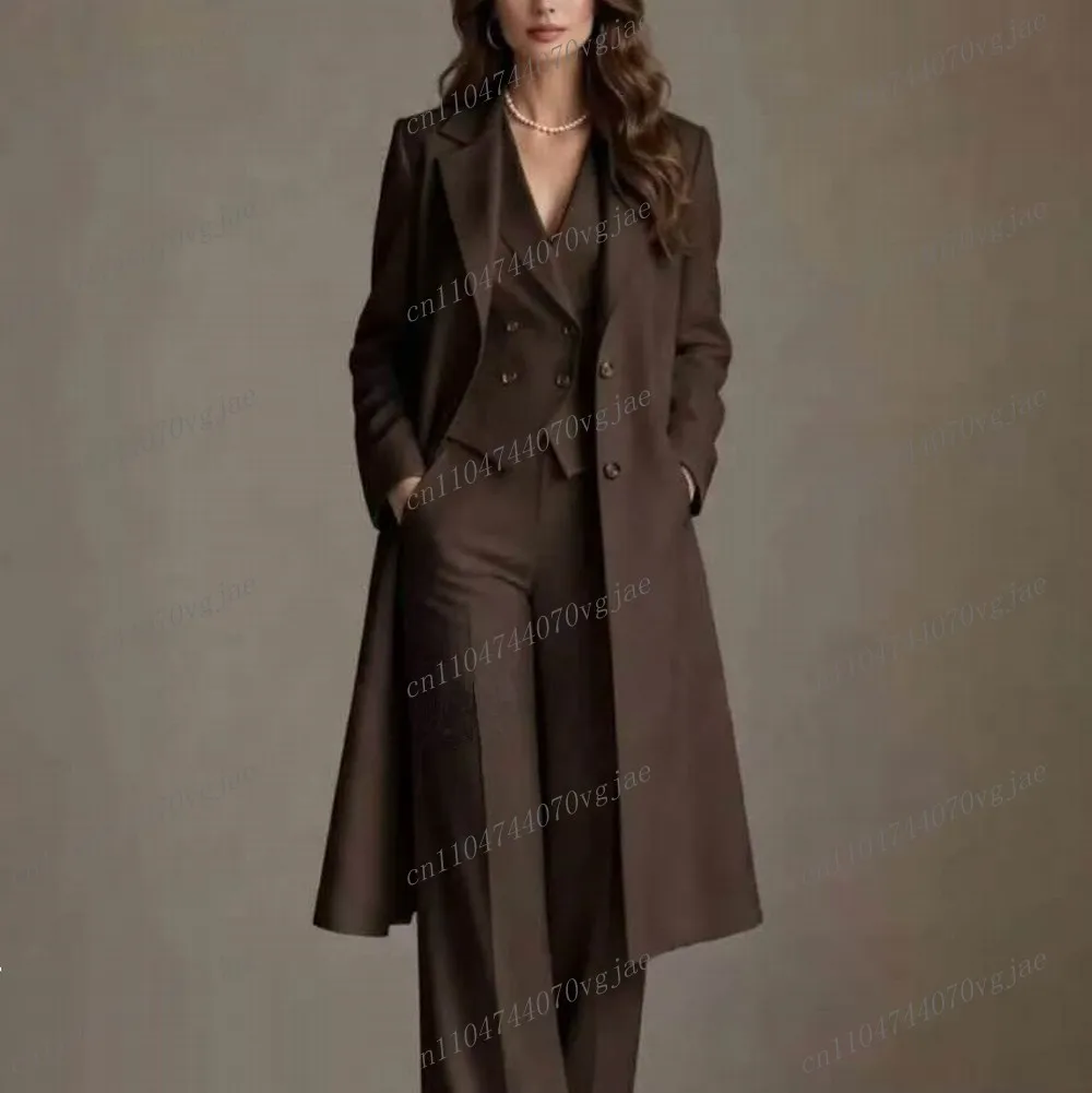 Long Dark Brown Formal Business Women Suit Wedding Party Prom Ladies Mother Girl Tuxedos Costume 3 Piece Set Blazer Vest Pants