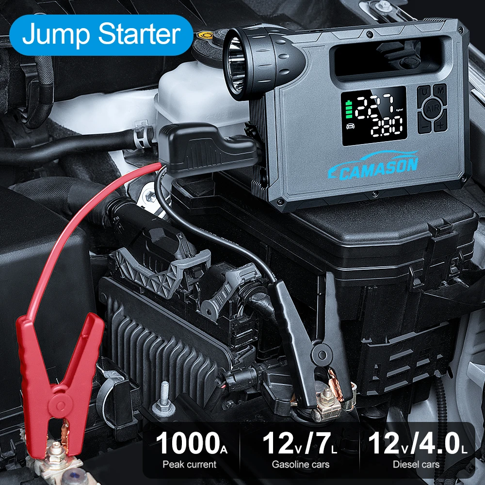 5 in 1 Car Jump Starter พร้อมเครื่องอัดอากาศไฟฉายแบบพกพาอุปกรณ์เริ่มต้น Power Bank แบตเตอรี่ยานยนต์ Booster เริ่มต้น