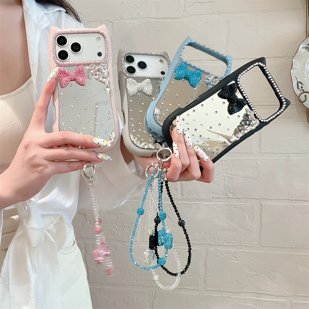 

Cute Diamond Bow Water Drop with Mirror Phone Case for iPhone 15 Pro 16 Plus 13 14 15 16 17 Pro Max Cover With Chain Cases Funda