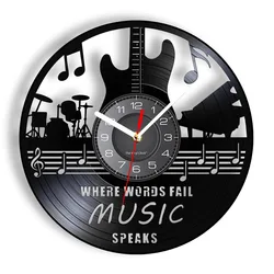 Where Words Fail Music Speaks Musical Quote Wall Art Vinyl Record Wall Clock Guitar Decorative LP Clock Rock n Roll Music Gift