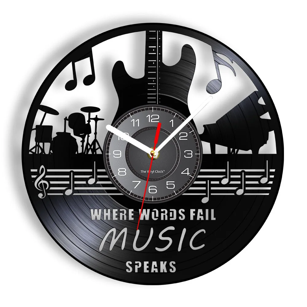 Where Words Fail Music Speaks Musical Quote Wall Art Vinyl Record Wall Clock Guitar Decorative LP Clock Rock n Roll Music Gift