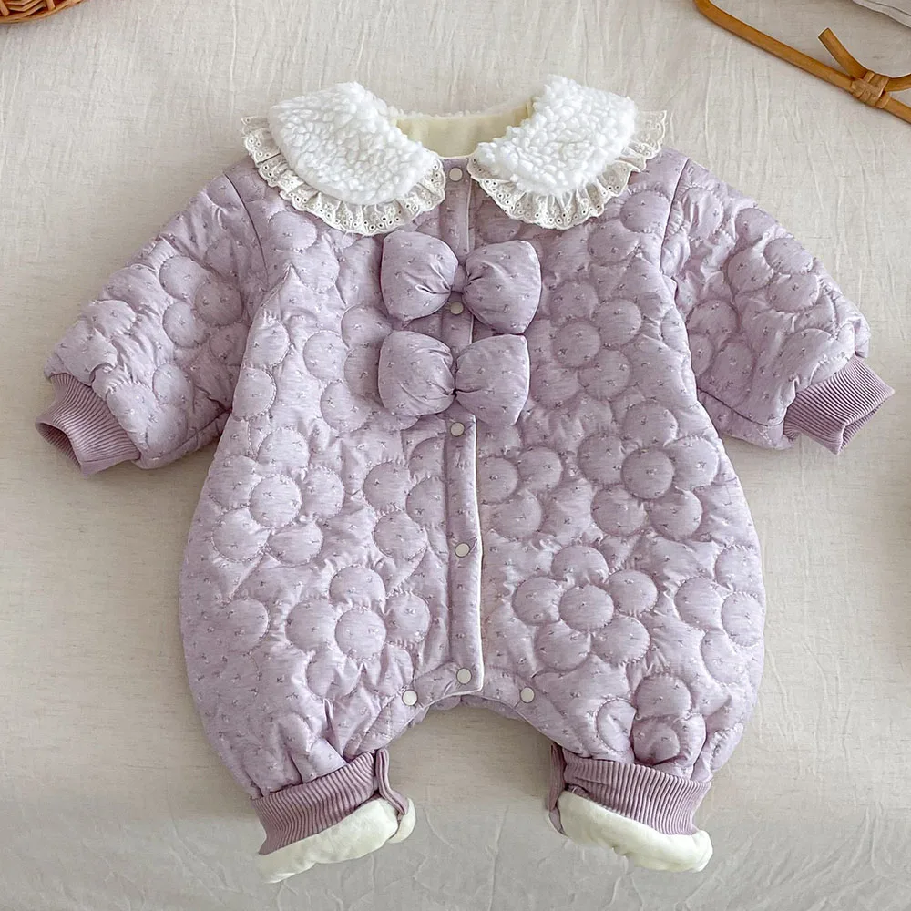 

Комбинезон для маленьких девочек, стеганый бархатный утепленный комбинезон с длинными рукавами, теплая зимняя одежда для младенцев, рождественские детские комбинезоны с отложным воротником