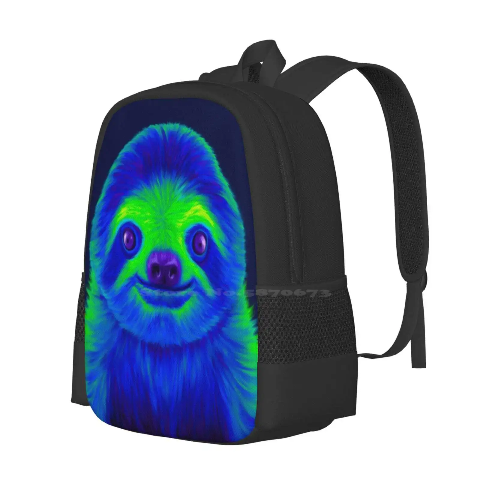 Mochila de diseño con estampado 3D de pereza azul y verde, bolsa de estudiante, púrpura, linda cara de pereza, Animal colorido azul