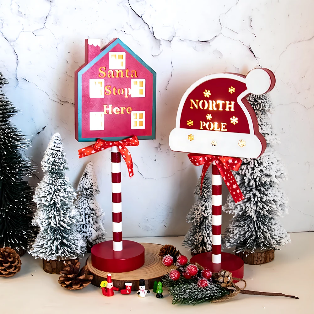 Merry Christmas LED Lights Santa Stops Here Tree Top Table Lamp Parking Sign Lighted Christmas Garden Lights Home Ornaments