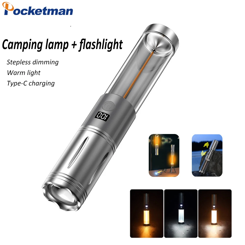 Multifunctional Camping Light Dual-source Tungsten Filament Ambient Tent Lamp USB Rechargeable Flashlight Telescopic Zoom Torch