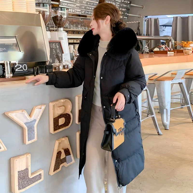 2024 New Fashion Women's Winter Clothing Thickened Hooded Large Hair Collar Long Solid Color Cotton Coat Solid Color Winter Top