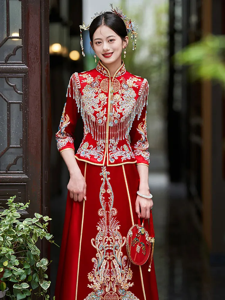 Cheongsam Red Sequins Beading Tassels Embroidery Qipao Long Traditional Chinese Wedding Dress Oriental Clothing