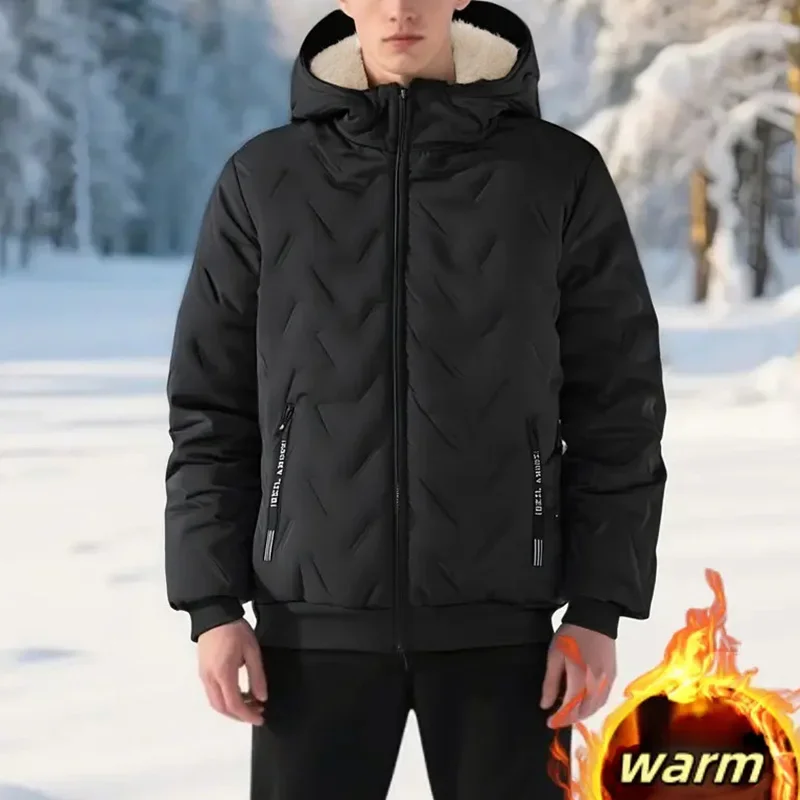 Men's Hooded Parka Winter Warm Thicken Fleece Windproof Coats Solid Color Padded Fashion Jacket Male Winter Thick Coats